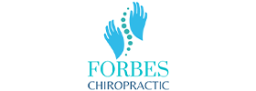 Logo for Forbes Chiropractic featuring two stylized blue hands on either side of a vertical line of green dots representing a spine