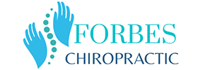 Logo with two blue hands framing a vertical row of teal dots symbolizing a spine, next to the text 'FORBES' in turquoise and 'CHIROPRACTIC' in dark blue